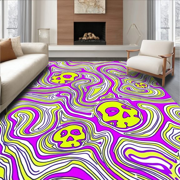 ODIKA 6'x9' Machine Washable Non-Slip Area Rug, Skull Illusion with Vivid Swirl Motifs High Traffic Rug, Purple, 703986