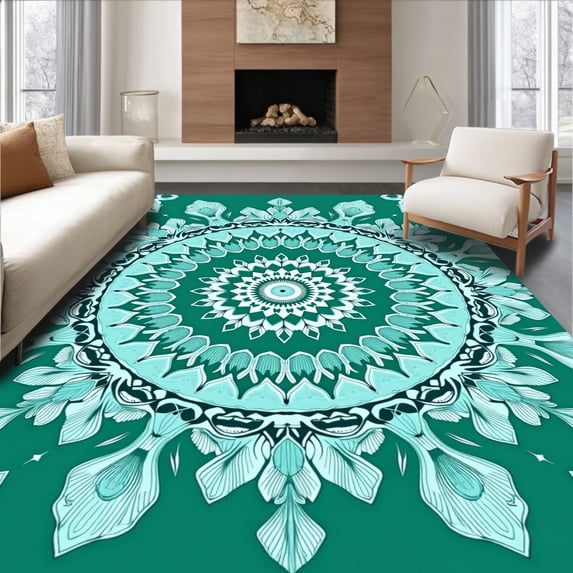 ODIKA 6'x9' Machine Washable Non-Slip Area Rug, Snowflake Crochet Kit Winter Crystalline Design High Traffic Rug with Pad, Green, 644051