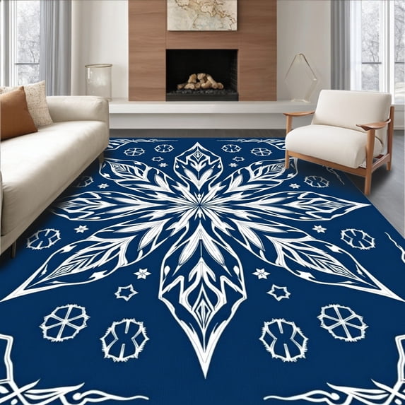 ODIKA 6'x9' Machine Washable Non-Slip Area Rug, Snowflake Crystal Latch Hook Kit Festive Winter Project High Traffic Rug with Pad, Blue, 634803