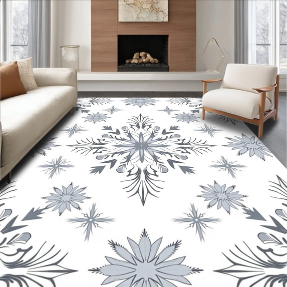 ODIKA 6'x9' Machine Washable Non-Slip Area Rug, Snowflake Crystal Winter Crochet Hook Latch Kit High Traffic Rug with Pad, Gray, 642480