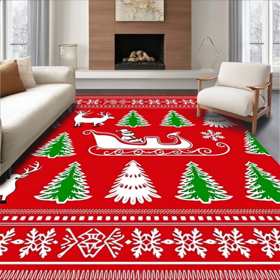 ODIKA 6'x9' Machine Washable Non-Slip Area Rug, Snowflake Forest Wonderland with Santa Sleigh and Fir Trees Motif High Traffic Rug, Red, 632450