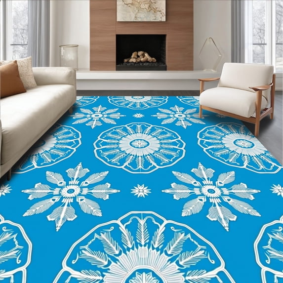ODIKA 6'x9' Machine Washable Non-Slip Area Rug, Snowflake Medallion Design Bathroom Decoration Winter Holiday Theme High Traffic Rug with Pad, Blue, 735752
