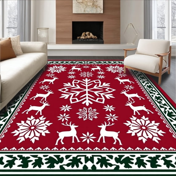 ODIKA 6'x9' Machine Washable Non-Slip Area Rug, Snowflake Medallion and Reindeer Parade with Nordic Motif Borders High Traffic Rug with Pad, Red, 623235