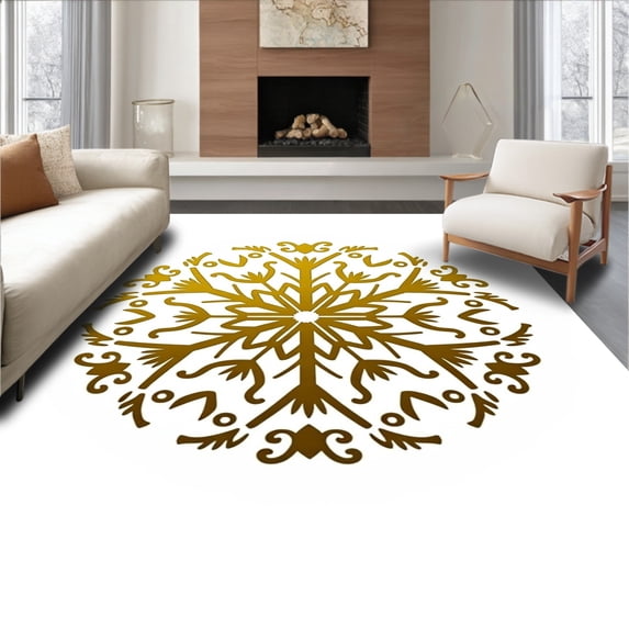 ODIKA 6'x9' Machine Washable Non-Slip Area Rug, Snowflake Medallion Sequin with Radiant Burst Motifs and Elegant Swirls High Traffic Rug, Gold, 625202