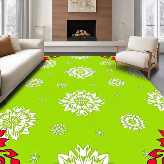 ODIKA 6'x9' Machine Washable Non-Slip Area Rug, Snowflake Medallion with Poinsettia Corner Accents High Traffic Rug, Green, 733182