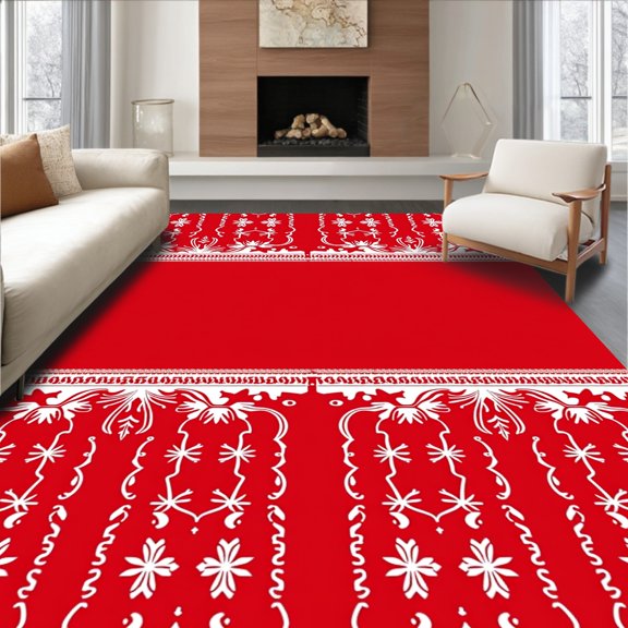 ODIKA 6x9 Machine Washable Non-Slip Area Rug, Snowy Conifer Landscape with Abstract and Charm High Traffic Rug, Red, 731390