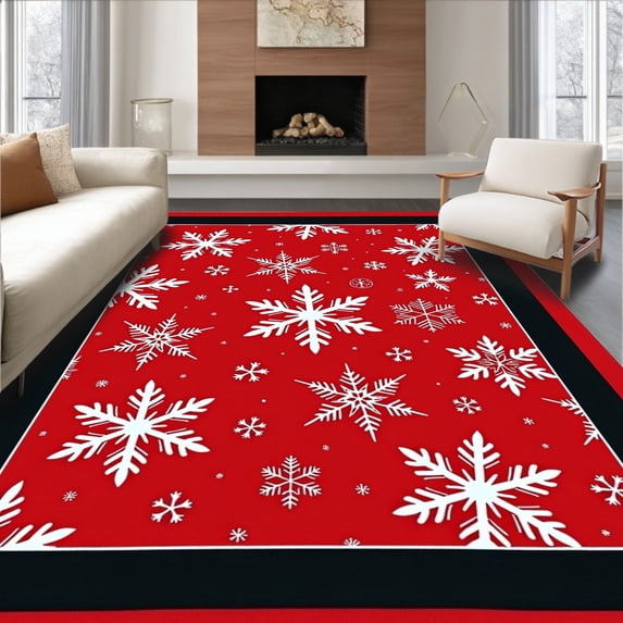 ODIKA 6'x9' Machine Washable Non-Slip Area Rug, Snowy Wonderland Decorative Nordic Celebration Entrance High Traffic Rug with Pad, Red, 651617