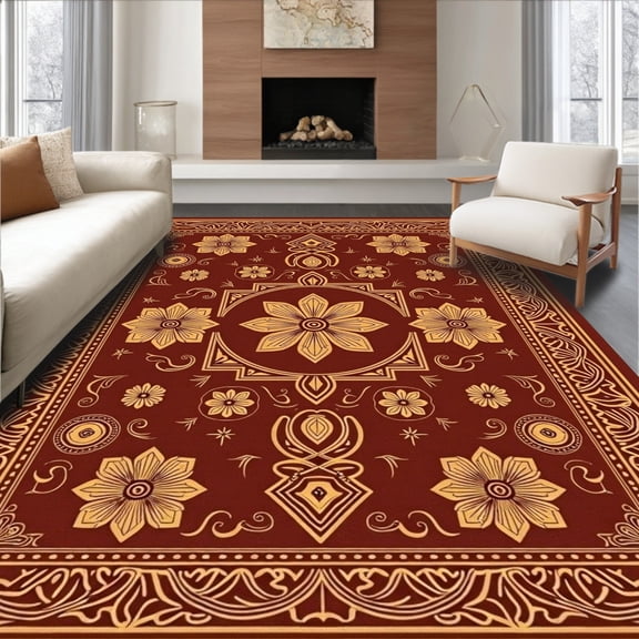 ODIKA 6x9 Machine Washable Non-Slip Area Rug, Southwestern Revival Interlocking Medallion Mosaic High Traffic Rug, Brown, 510540