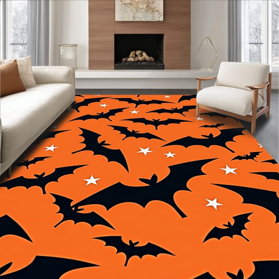 ODIKA 6'x9' Machine Washable Non-Slip Area Rug, Spooky Bat Festival Tree High Traffic Rug with Pad, Orange, 630844