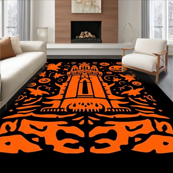 ODIKA 6x9 Machine Washable Non-Slip Area Rug, Spooky Featuring Ghosts Pumpkins And Haunted Tower High Traffic Rug, Black, 741297