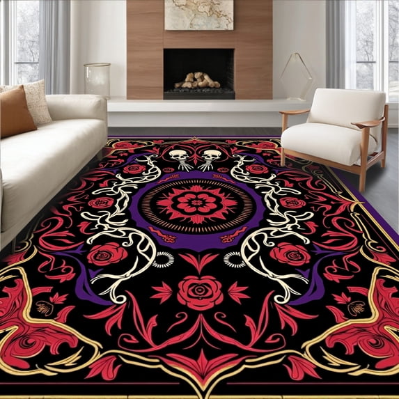 ODIKA 6'x9' Machine Washable Non-Slip Area Rug, Spooky Skeleton Hands with Interlocking Roses and Baroque Details High Traffic Rug with Pad, Black, 514470