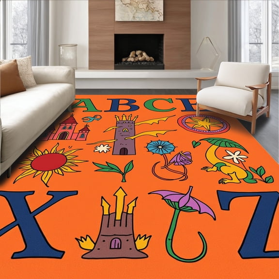 ODIKA 6'x9' Machine Washable Non-Slip Area Rug, Storytelling ABC Adventure Map with Fantasy Themes High Traffic Rug, Orange, 689878