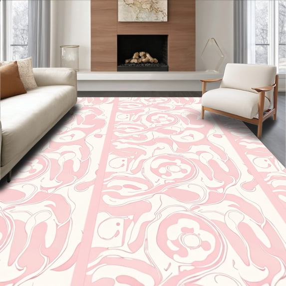 ODIKA 6x9 Machine Washable Non-Slip Area Rug, Stylish Interwoven Motif with Fluid Forms and Pastel Coloration High Traffic Rug, Pink, 376901