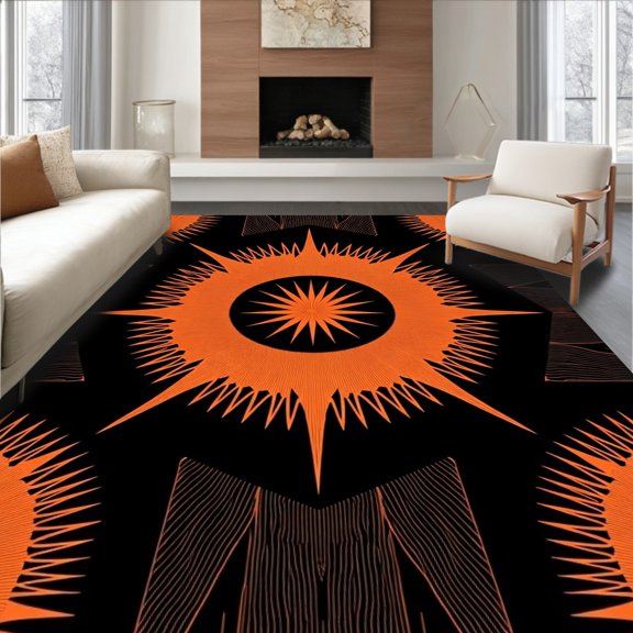 ODIKA 6x9 Machine Washable Non-Slip Area Rug, Sunburst Compass Rose Navigation Inspired Radial Design High Traffic Rug, Black, 663451