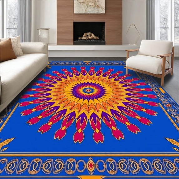 ODIKA 6'x9' Machine Washable Non-Slip Area Rug, Sunburst Crochet Hook Kit Traditional Embroidery Artwork High Traffic Rug, Blue, 643165