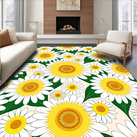 ODIKA 6'x9' Machine Washable Non-Slip Area Rug, Sunburst Daisy Field Floral Arrangement Decorative Accent High Traffic Rug with Pad, Yellow, 527864
