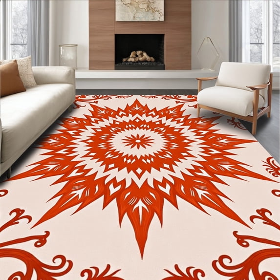 ODIKA 6'x9' Machine Washable Non-Slip Area Rug, Sunburst Meadow with Interlocking Petals and Delicate Vine Details High Traffic Rug, Red, 450674