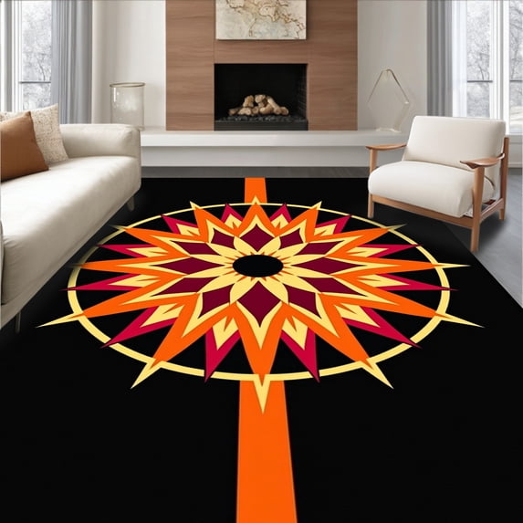 ODIKA 6'x9' Machine Washable Non-Slip Area Rug, Sunburst Medallion Hook Kit with Radiating Burst High Traffic Rug, Orange, 742475