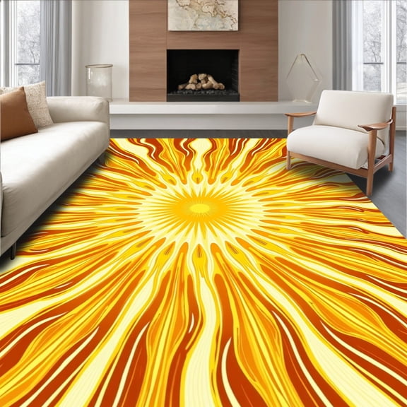 ODIKA 6'x9' Machine Washable Non-Slip Area Rug, Sunshine Burst Radiant Wave Modern Swirl Vibrant Elegant High Traffic Rug, Orange, 466254