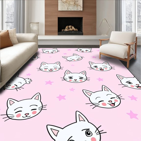 ODIKA 6x9 Machine Washable Non-Slip Area Rug, Sweet Pastel Kitten Motifs With Charming Smile And Blush Cheeks High Traffic Rug, Pink, 719146