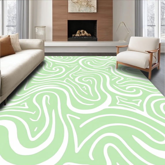 ODIKA 6'x9' Machine Washable Non-Slip Area Rug, Swirling Cloud Dreamscape with Ethereal Spiral Motifs High Traffic Rug with Pad, Green, 532217