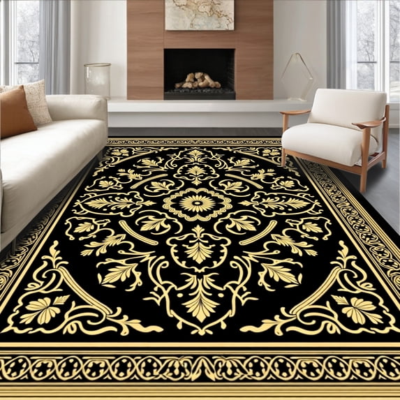 ODIKA 6'x9' Machine Washable Non-Slip Area Rug, Symmetrical Paisley Damask Traditional High Traffic Rug, Black, 545655