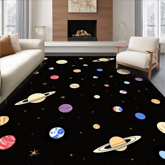 ODIKA 6'x9' Machine Washable Non-Slip Area Rug, System Planet with Galaxy Stars Space Exploration Theme High Traffic Rug, Black, 693298