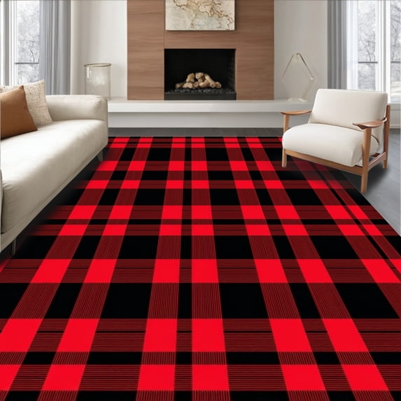 ODIKA 6'x9' Machine Washable Non-Slip Area Rug, Tartan Inspired Grid with Seasonal Color Palette High Traffic Rug with Pad, Red, 615863