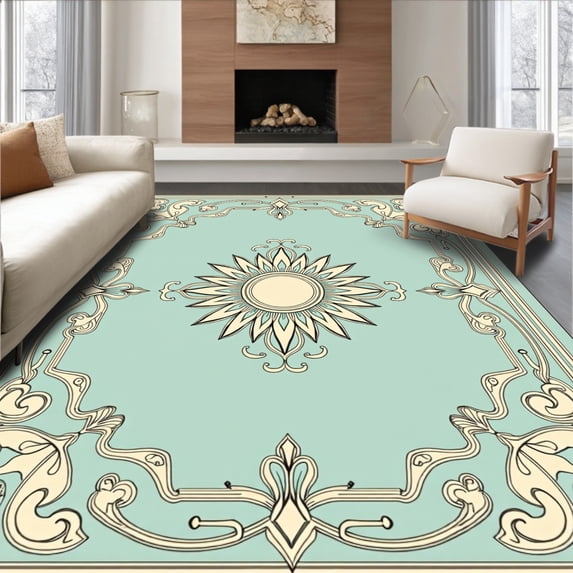 ODIKA 6'x9' Machine Washable Non-Slip Area Rug, Timeless Medallion With Decorative Scroll High Traffic Rug with Pad, Blue, 347814