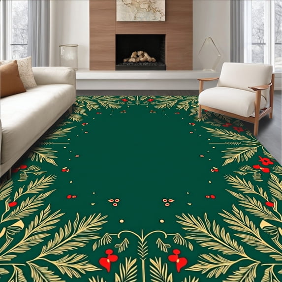 ODIKA 6'x9' Machine Washable Non-Slip Area Rug, Traditional Festive Sprigs with Pine and Holly in Symmetrical Layout High Traffic Rug, Green, 732237