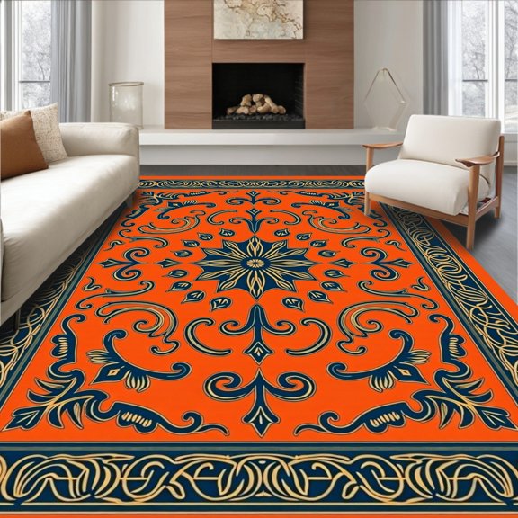 ODIKA 6x9 Machine Washable Non-Slip Area Rug, Traditional Paisley Scroll Non Skid with Damask High Traffic Rug, Orange, 533232
