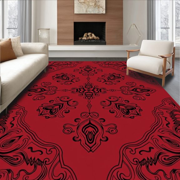 ODIKA 6x9 Machine Washable Non-Slip Area Rug, Traditional Paisley Scroll with Swirling Botanical High Traffic Rug, Red, 552664