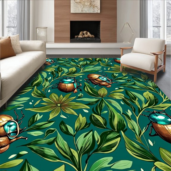 ODIKA 6x9 Machine Washable Non-Slip Area Rug, Tropical Beetle Oasis with Exotic Leaf Arrangements High Traffic Rug, Blue, 573060