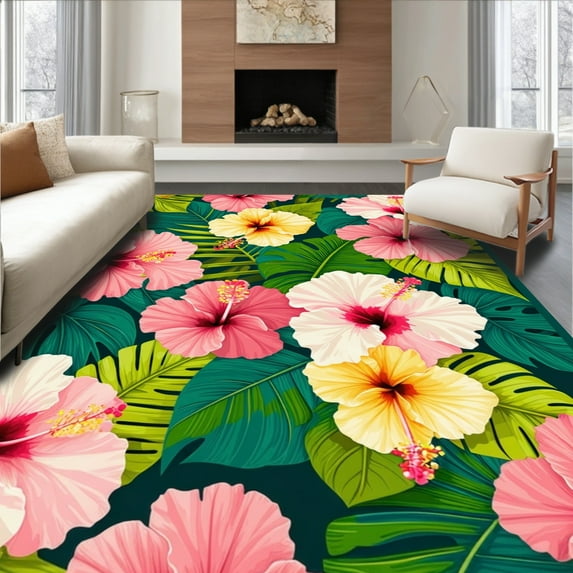 ODIKA 6x9 Machine Washable Non-Slip Area Rug, Tropical High Traffic Rug with Pad, Pink, 33785