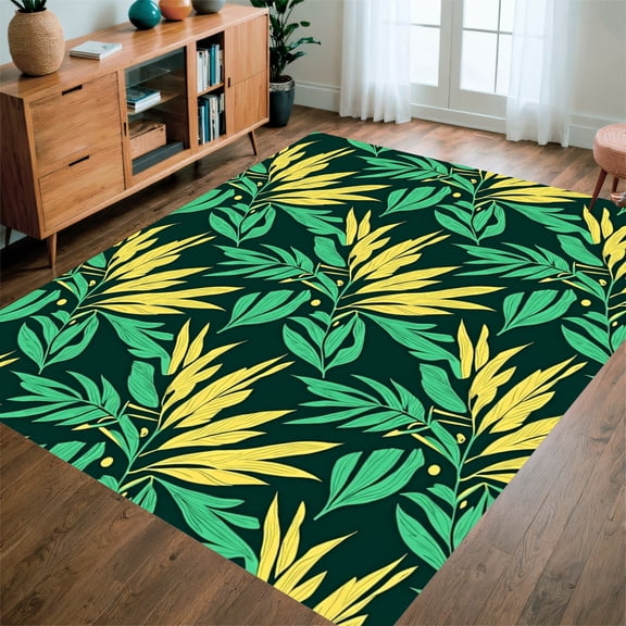 ODIKA 6x9 Machine Washable Non-Slip Area Rug, Tropical Palm Frond Botanical Motif Floor Covering High Traffic Rug, Yellow, 416976