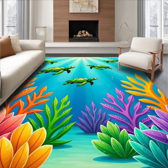 ODIKA 6'x9' Machine Washable Non-Slip Area Rug, Tropical Reef Bathroom Accessory Shower Curtain High Traffic Rug, Blue, 707490