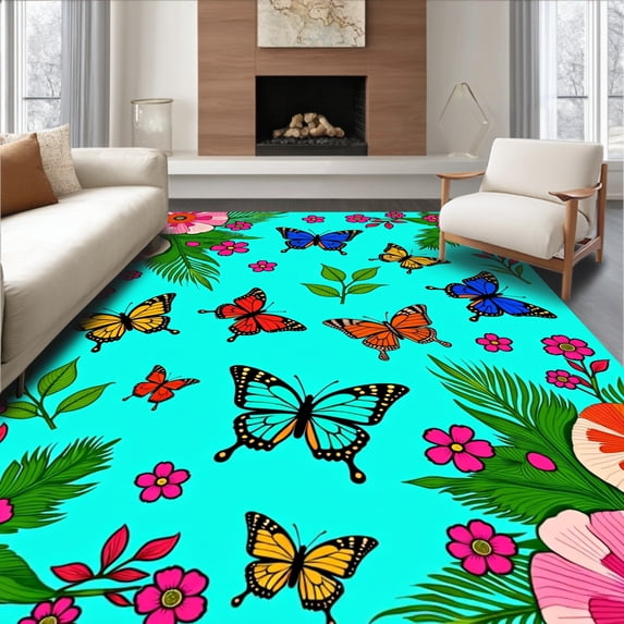 ODIKA 6'x9' Machine Washable Non-Slip Area Rug, Tropical Swallowtail with Exotic Bloom Arrangements High Traffic Rug, Cyan, 456130