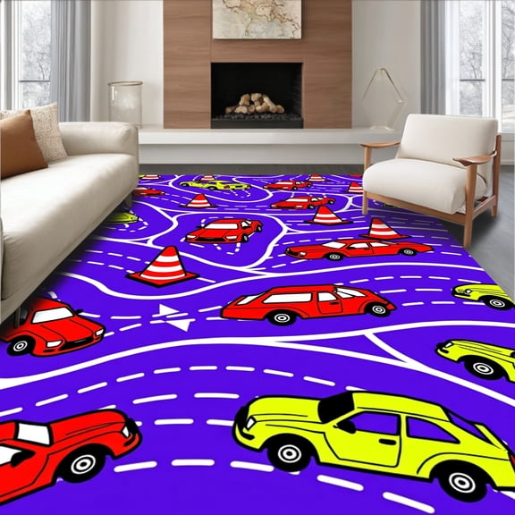 ODIKA 6'x9' Machine Washable Non-Slip Area Rug, Turbocharged Maze with Interlocking Roadways and Sporty Illustrations High Traffic Rug, Purple, 674652