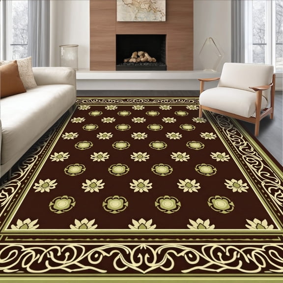ODIKA 6x9 Machine Washable Non-Slip Area Rug, Verdant Vine Lattice Interlocking Botanical Scroll Motif High Traffic Rug, Brown, 517428
