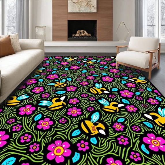 ODIKA 6'x9' Machine Washable Non-Slip Area Rug, Vibrant Honeybee And Pollinator Mosaic With Interlocking Floral High Traffic Rug, Pink, 720230