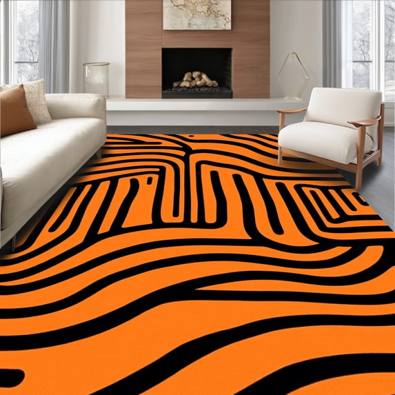 ODIKA 6'x9' Machine Washable Non-Slip Area Rug, Vibrant Jungle Cat Motif with Energetic Stripes High Traffic Rug with Pad, Orange, 724137