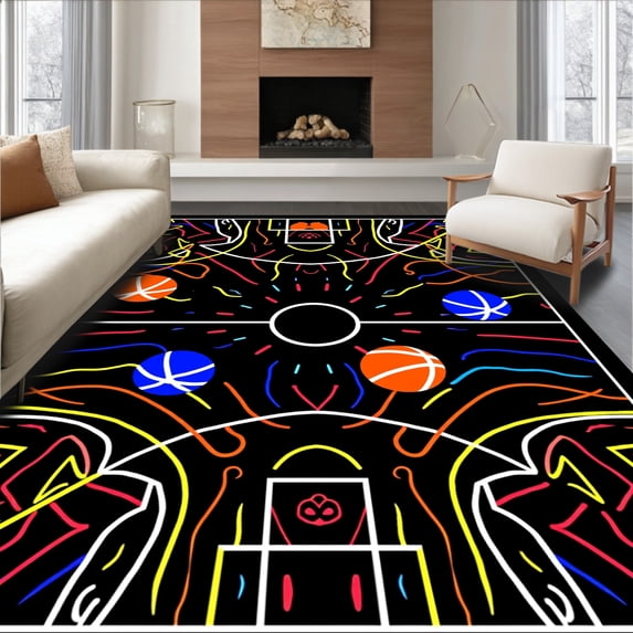ODIKA 6'x9' Machine Washable Non-Slip Area Rug, Vibrant Multi Sport Action Field Playmat High Traffic Rug, Orange, 673739