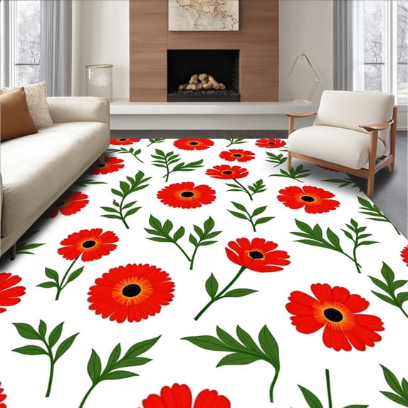 ODIKA 6'x9' Machine Washable Non-Slip Area Rug, Vibrant Poppy Blossom Non Slip Bath with Floral Botanical Design High Traffic Rug, Red, 677638
