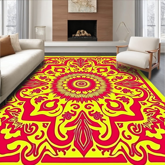 ODIKA 6'x9' Machine Washable Non-Slip Area Rug, Vibrant Tapestry Swirl Enchanted Garden Floral Fantasy High Traffic Rug with Pad, Red, 618141