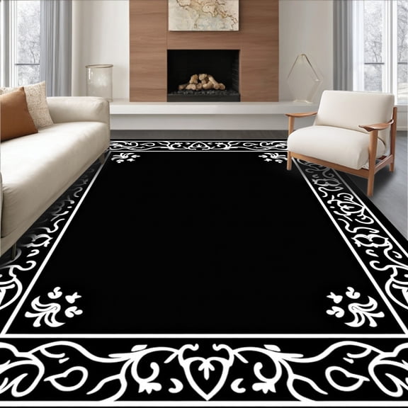 ODIKA 6x9 Machine Washable Non-Slip Area Rug, Victorian Scrollwork Vines with Ornate Botanic Flourishes High Traffic Rug, Black, 430058