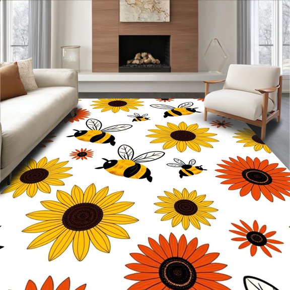 ODIKA 6'x9' Machine Washable Non-Slip Area Rug, Vintage Bee Kit with Sunflower Meadow Motifs High Traffic Rug, Yellow, 640990