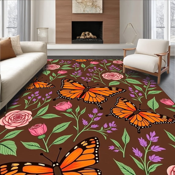 ODIKA 6'x9' Machine Washable Non-Slip Area Rug, Vintage Botanical Garden Tapestry with Dancing Monarch Wings High Traffic Rug with Pad, Brown, 663402