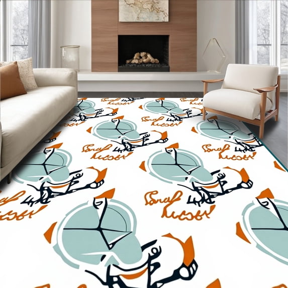 ODIKA 6'x9' Machine Washable Non-Slip Area Rug, Vintage Camper Adventure Interlocking Compass High Traffic Rug, Blue, 708872