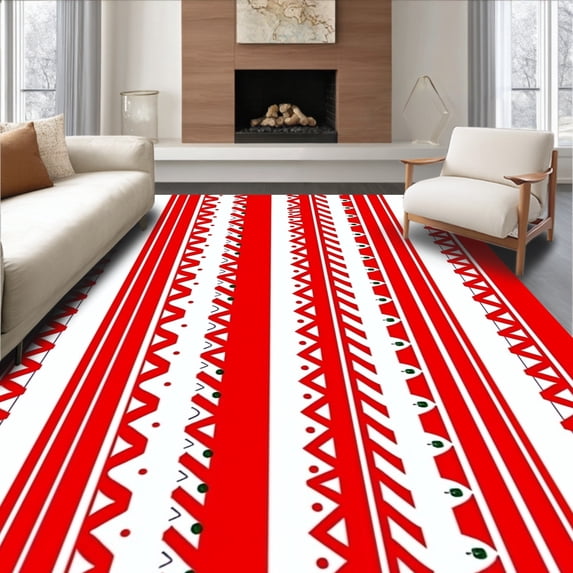 ODIKA 6'x9' Machine Washable Non-Slip Area Rug, Vintage Cane Stripe with Ribbon Bow Details High Traffic Rug, Red, 507781