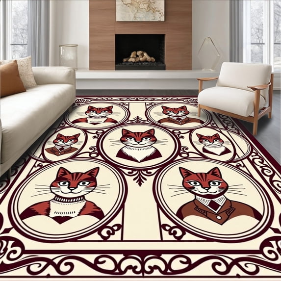 ODIKA 6'x9' Machine Washable Non-Slip Area Rug, Vintage Cat Cameo Embroidery Cushion Kit with Detailed Instructions High Traffic Rug with Pad, Ivory, 636855